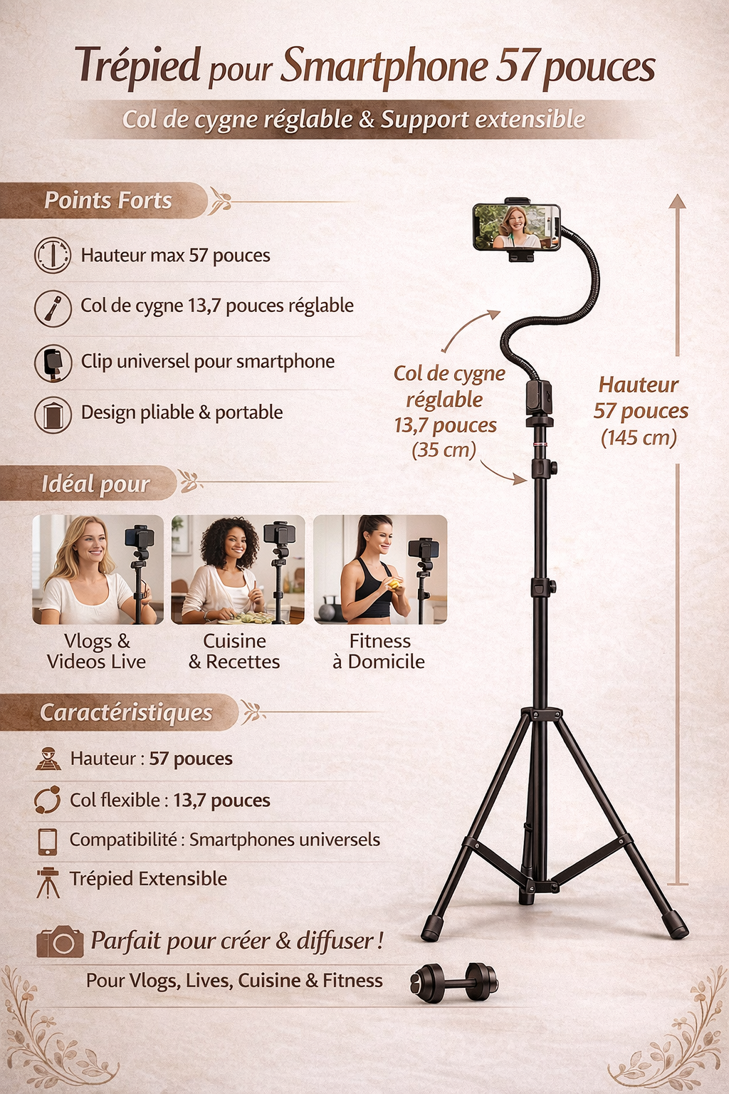 Trépied pour Smartphone 57 pouces – Col de cygne réglable & support extensible