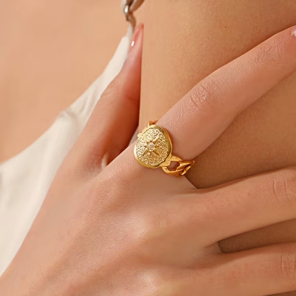 Bague élégante et stylée en acier inoxydable 304 – Étoile à huit branches et biscuit rond