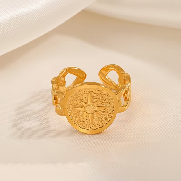 Bague élégante et stylée en acier inoxydable 304 – Étoile à huit branches et biscuit rond