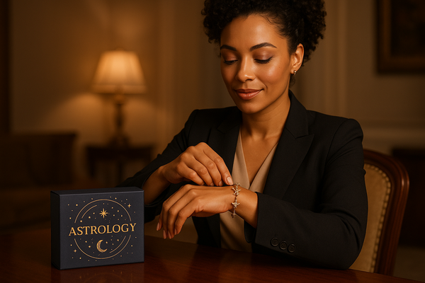 une femme entrepreneure metisse qui met son bracelet suite a lachat de sa box astro